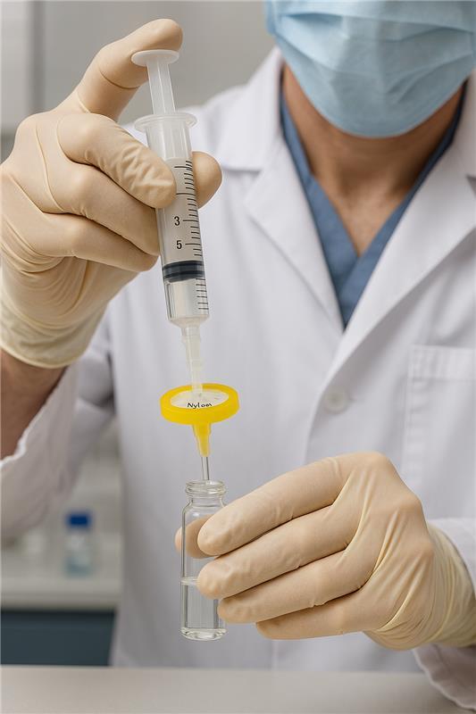 Scientist using a syringe filter in chromatography sample preparation