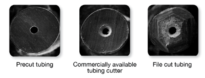 Cutaways of cut tubing